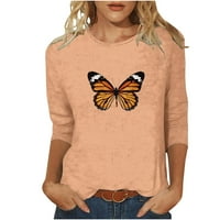 Ženska labava majica s printom leptira, bluza s dugim rukavima s okruglim vratom, ležerni vrhovi u narančastoj boji