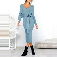 Women's Fashion Knitted Long Sleeve V-Neck Solid Color Wrap Long Dress