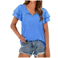 Ženska bluza, Ženska jednobojna ležerna bluza s izrezom, široka ljetna majica kratkih rukava s volanima, top plava, Plava