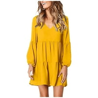 Rasprodaja ljetnih haljina za žene, mini ležerna jednobojna haljina s izrezom u obliku slova U i dugim rukavima u žutoj boji